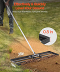 Lawn Leveling Rake With 83.9 Inch Handle And 36x10 Inch Ground Plate in use on a garden lawn, showing leveling effect.