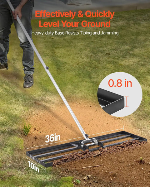 Lawn Leveling Rake With 83.9 Inch Handle And 36x10 Inch Ground Plate in use on a garden lawn, showing leveling effect.