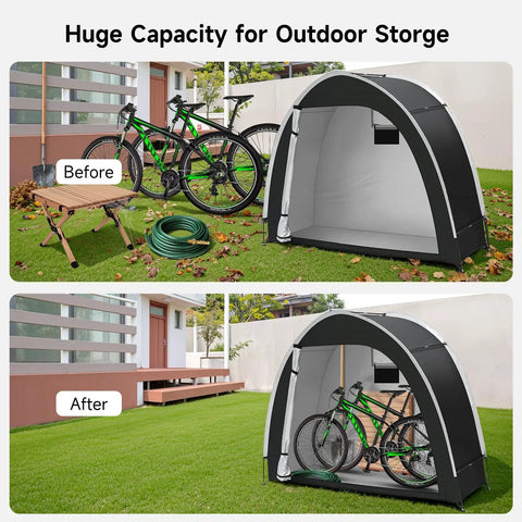 All Weather Outdoor Bike Storage Tent For 2-3 Bikes With Extra Top Space in garden before and after setup