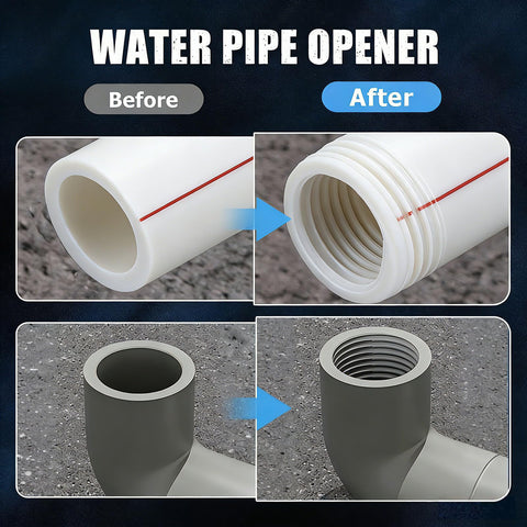 Before and after images using Dual Function PVC Pipe Threader Kit For Internal And External Threading On One Half Inch, Three Quarter Inch And One Inch PVC Pipes, Drill Compatible, Easy Speed Control, Smooth Quick Threading, Durable Repair Tool