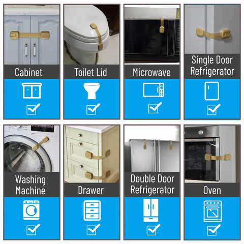 6 Pack Child Safety Strap Locks In Golden Beige For Cabinets, Drawers, Appliances, Furniture And Fridge, Easy Install With Quick 3M Adhesive, Keeps Kids Safe And Prevents Hazards From Drawers, Doors, And Toilets, shown installed on various appliances and furniture.