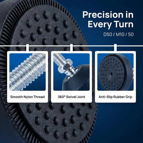 Close-up of Adjustable Rubber Leveling Feet With M10x50mm Metal Thread 6 Pack Swivel Ball Joint showing details