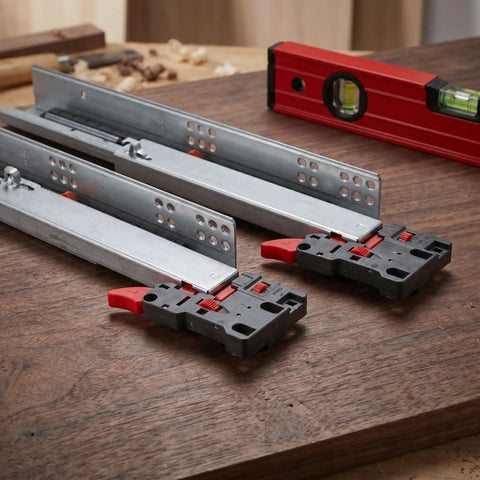 10 Inch Soft Close Drawer Slides With Hidden Undermount Design on wooden surface with red leveling tool
