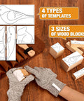 24 Piece Wood Carving Kit With Easy Storage Bag For Beginners showing gloves, wood blocks, templates, workspace.