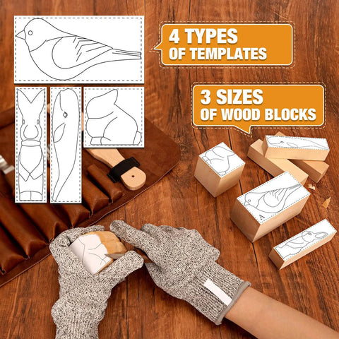24 Piece Wood Carving Kit With Easy Storage Bag For Beginners showing gloves, wood blocks, templates, workspace.