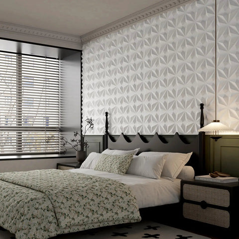 Bedroom with 33 Pack 3D Wall Panels PVC Textured White 12x12 Inches Interior Wall Decor Covering 32 Sq Ft Easy DIY Install