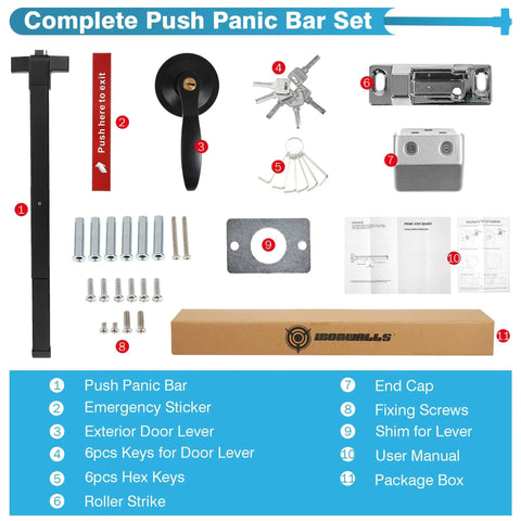Complete set of Stainless Steel Door Push Bar Panic Exit Device With Handle Lever Black 32 Inch Heavy Duty Panic Hardware components.