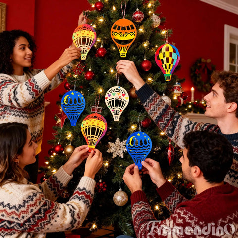 Group decorating Christmas tree with painted Unfinished Wooden Hot Air Balloon Cutouts Set 30 Pack Boxwood Wood Shapes For DIY Crafts