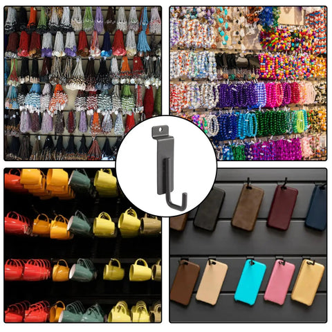 Heavy Duty Slatwall Hooks Built Like A Tank With Slick Scratch Resistant Coating used for displaying colorful beads and crafts.