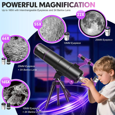 Pro Grade 90mm Aperture Refractor Telescope With 550mm Focal Length showcased with eyepieces, lenses, and young stargazer