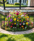 Decorative Garden Fence For Yard And Patio, Rustproof Black Metal Barrier Panels, 10-Panel Set around colorful flower bed outdoors.
