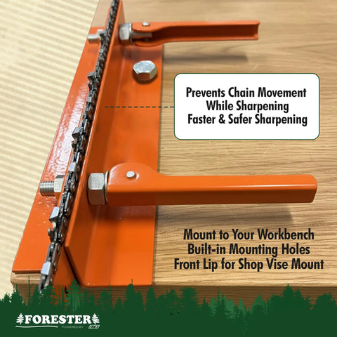 Rock Solid Chainsaw Filing Vise For Fast Safe Sharpening With A Secure Clamp Universal Fit And Durable Steel Construction 17.5 Inch Bar Length Bench Mount Or Portable Saw Tool mounted on workbench