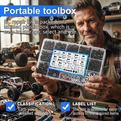 Man holding RC Screw Kit With Screws Nuts Washers Clips O Rings And Pins Universal Hardware Set for scale RC cars