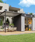 Two In One Outdoor Storage Shed And Gazebo Combo With Heavy Duty Metal Frame, Six By Four Ft Storage Shed Plus Twelve By Four Ft Open Sided Pergola in backyard
