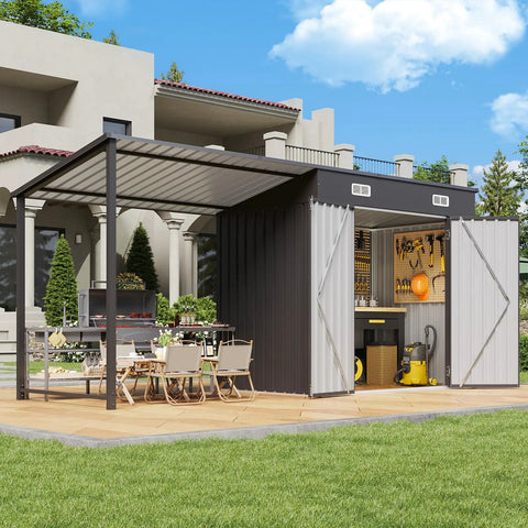 Two In One Outdoor Storage Shed And Gazebo Combo With Heavy Duty Metal Frame, Six By Four Ft Storage Shed Plus Twelve By Four Ft Open Sided Pergola in backyard