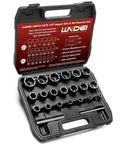Open case of Heavy Duty Lug Nut Remover And Bolt Extractor Set One Half Inch And Three Eighth Inch Drive Tough As Nails For Removing Damaged Bolts Chrome Molybdenum Steel featuring 22 pieces.