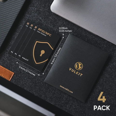 RFID Blocking Cards 4 Pack for Credit Cards and IDs, NFC Shield Wallet Protectors displayed with black packaging