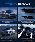 Collage showing signs for replacing parts: vehicle noise, oil leak, off-course driving, difficult steering.
