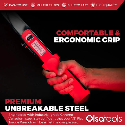 Person holding Flex Head Split Beam Torque Wrench with Easy Knob Dial, showing ergonomic red handle and display