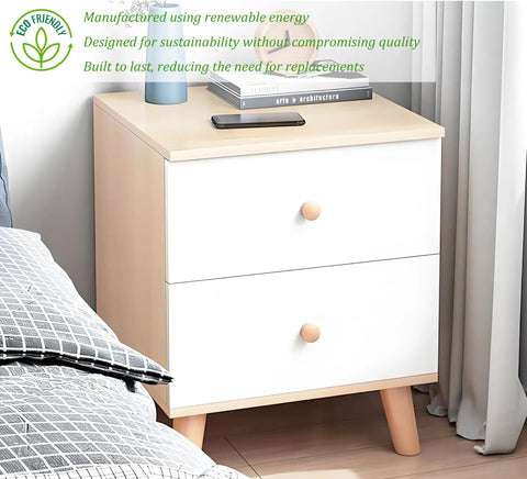 Eco-friendly wooden nightstand with two drawers and books on top beside a bed