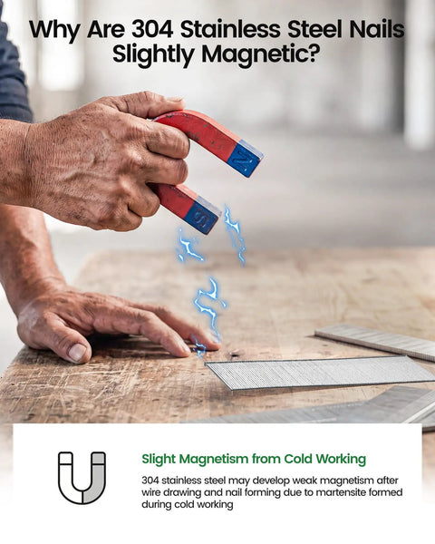 Hand holding magnet near 304 stainless steel brad nails, explaining slight magnetism of Real Deal 18 Gauge Stainless Steel Brad Nails 3/4 Inch 1000 Count.