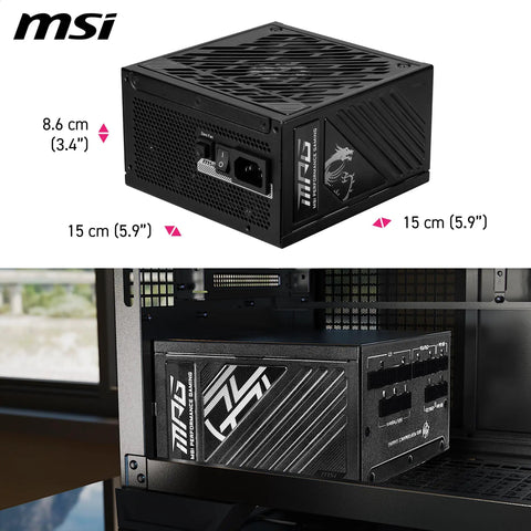 Fully Modular 850W PCIE5 Gaming Power Supply For Gamer Rigs with 80 Plus Gold, installed in a computer case, showing side view.
