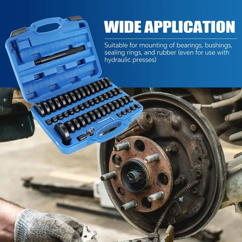 Front view of Amazon ATP bush bearing and seal driver set, 52pc, blue plastic case with row of black driver bits.
