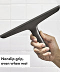 Stainless Steel Shower Squeegee With Slim Profile For Streak Free Drying On Shower Doors Tiles And Mirrors Grab And Go Style With Adhesive Suction Holder For Easy Hanging, black nonslip grip