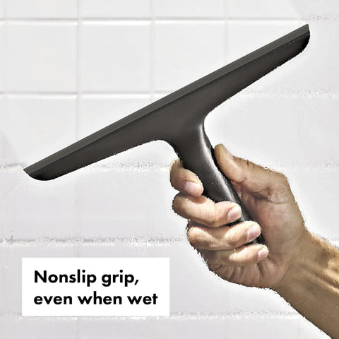 Stainless Steel Shower Squeegee With Slim Profile For Streak Free Drying On Shower Doors Tiles And Mirrors Grab And Go Style With Adhesive Suction Holder For Easy Hanging, black nonslip grip