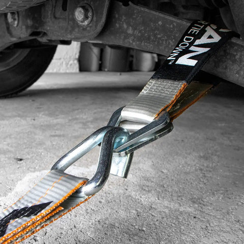 Beefy Ratchet Straps With Wire Hooks 2 Inch By 15 Foot 4 Pack Silver Series attached to vehicle frame