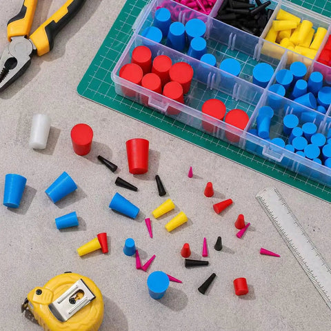 Billion Sky 360 Silicone Rubber Plugs Cover Kit With 9 Sizes From Quarter Inch To Full Inch For Powder Coating Electroplating And Port Protection Plus Heavy Duty Case Keeps Your Workshop Clean And Organized So You Never Hunt. Silicone rubber plugs in organizer case on workshop table