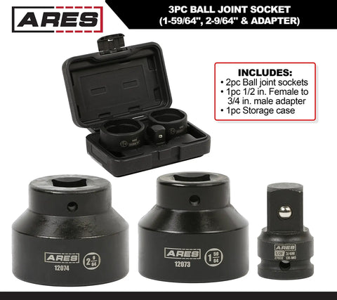3 Piece Ball Joint Socket Set, 3/4 Inch Drive, For Chrysler Dodge Jeep with 1-59/64 and 2-9/64 Inch sockets and adapter in case
