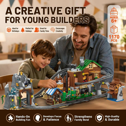 Father and son building 1170 Piece Mine Roller Coaster Building Blocks Set for Builders and STEM Geeks with detailed structures.