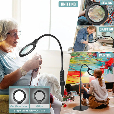 Real Glass 12X Magnifying Floor Lamp With Light And Stand Hands Free Three In One Flexible Gooseneck Magnifier in use for hobbies