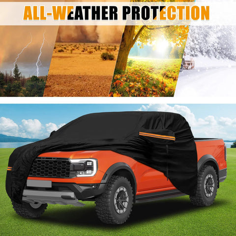 Kistrba cab car cover for mid-size crew-cab pickup, full-body black cover shown on an orange pickup.