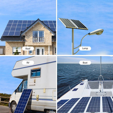 Collage showing solar panel installation on a house roof, street lamp, RV, and boat.