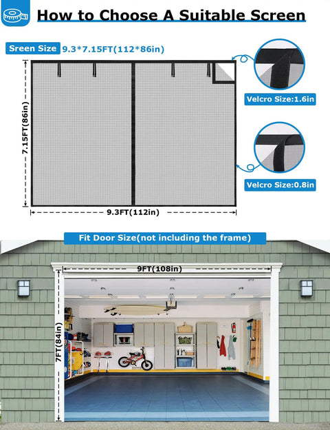 Magnetic Garage Door Screen For 1 Car Garage 9x7 Feet Double Door Mesh With 36 Magnets Fits Doors Up To 110 By 84 Inches Black No Fuss