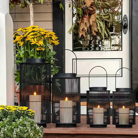 Outdoor Lantern With Realistic LED Candle For Patio, 12 Inch Black Metal Modern Farmhouse Style Lantern on porch