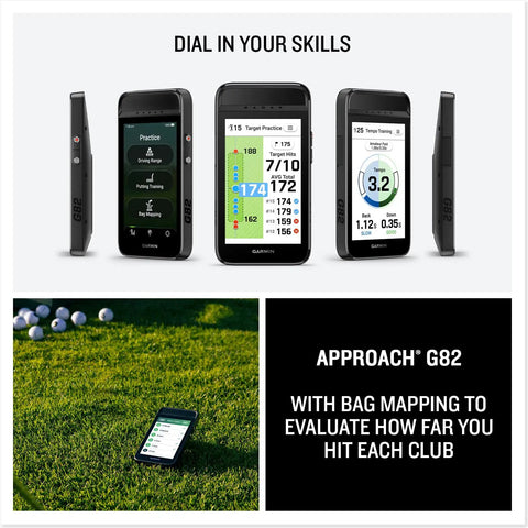 Portable Golf Launch Monitor With 5 Inch Color Touchscreen GPS Handheld, featuring radar metrics display and course mapping.