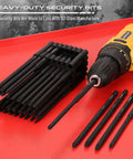 Extra-long security bit set, 32-piece S2 steel; tamper-proof bits with 1/4-in hex shank shown beside a drill