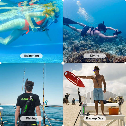 Image showing 1L Mini Scuba Tank With Snorkel Mask in use for swimming, diving, fishing, and as backup gas on a beach scene.