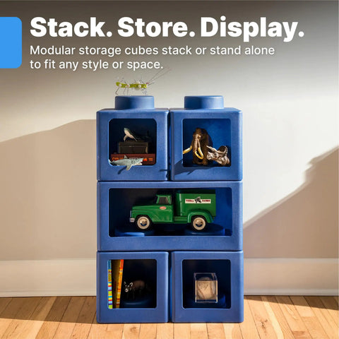 Contemporary Builders Stackable Storage Cubes Set For Kids, 5-piece blue toy storage system in playroom setup