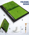 Heavy Duty Golf Hitting Mat With Durable Rubber Base For Stable Indoor And Outdoor Practice, foldable design with dimensions and golf tee.