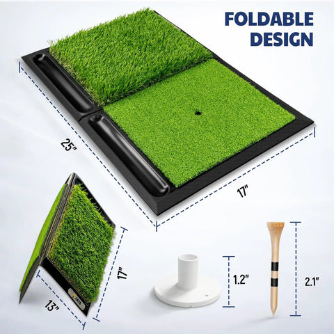 Heavy Duty Golf Hitting Mat With Durable Rubber Base For Stable Indoor And Outdoor Practice, foldable design with dimensions and golf tee.