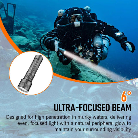 Diver using Beast 3000 Lumen Dive Light With 6 Degree Narrow Beam for night dives and cave exploration, IP68 waterproof, aluminum body