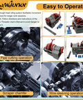 Kickass 110V Electric Pipe Threader Machine cranks out pipe cutting operation with metal components, showing heavy duty design.