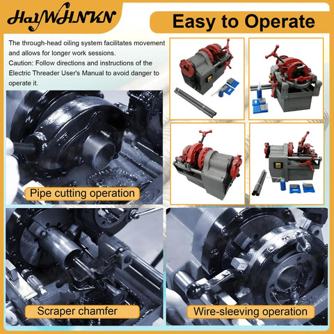 Kickass 110V Electric Pipe Threader Machine cranks out pipe cutting operation with metal components, showing heavy duty design.