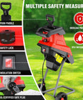 Heavy Duty 15 Amp Wood Chipper Shredder Mulcher with safety features displayed, including overload protection and insulation switch.