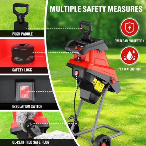 Heavy Duty 15 Amp Wood Chipper Shredder Mulcher with safety features displayed, including overload protection and insulation switch.