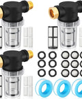 No Nonsense Inline Garden Hose Filter Set with 40 and 100 mesh screens, sediment filter for hose, shown with fittings and seals.